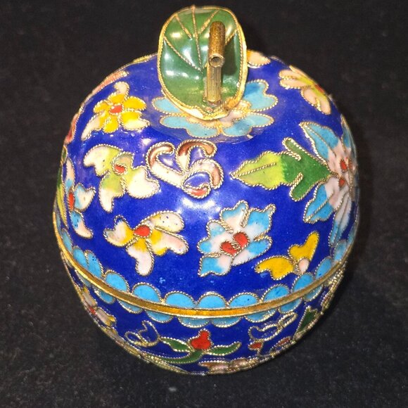 Vintage Cloisonné Apple Trinket Box With Floral Enamel Design - Picture 2 of 7